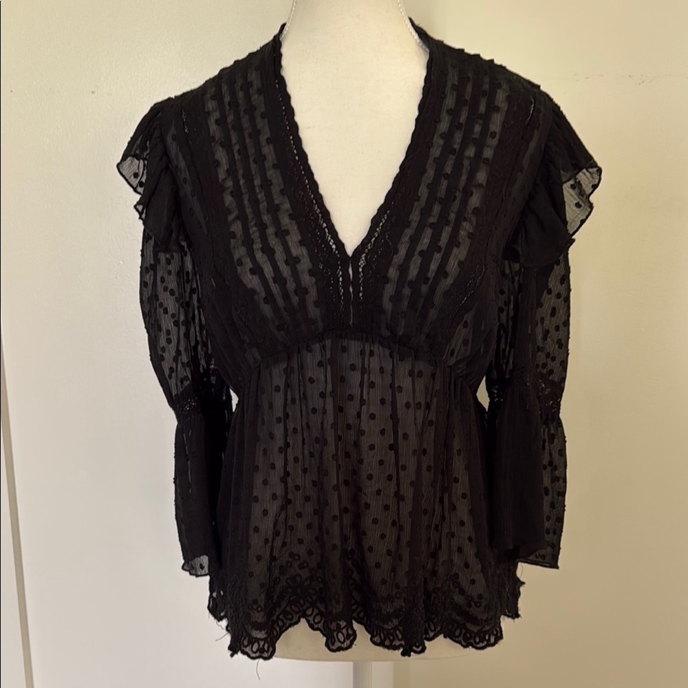 Zara black Sheer Swiss Dot V-Neck babydoll Women's Top